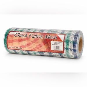 NWT Check Fabric Mesh Roll 10.5” x 10 Yards White Green Navy Plaid Craft Supply